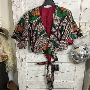 NWT BESIDA Colorful Leaf Print Cropped Kimono Jacket Reversible to Burgundy OSFM
